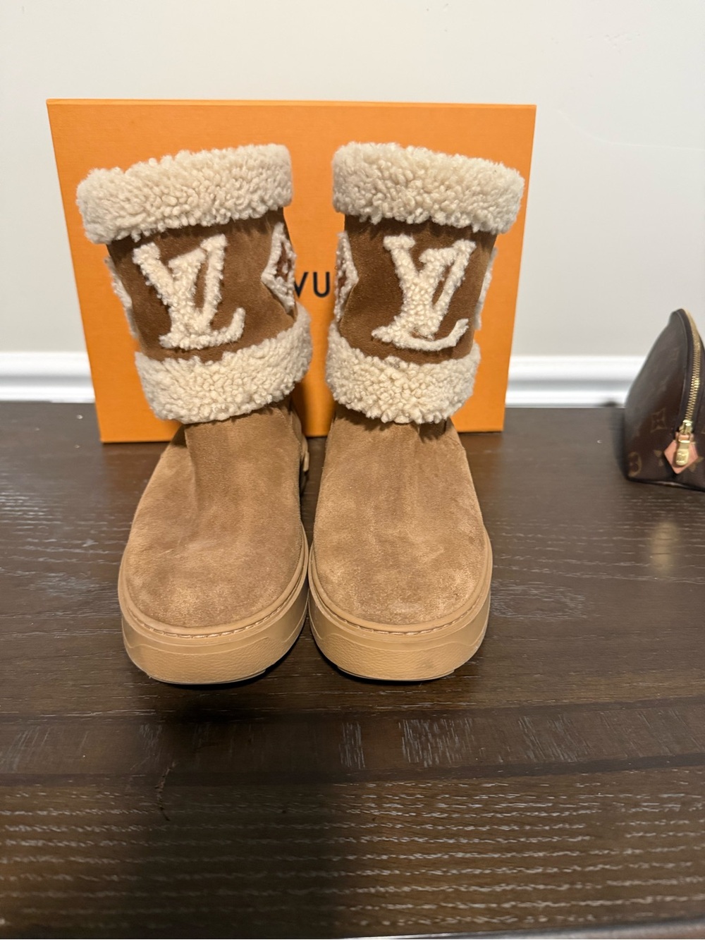 Louis Vuitton Tan Suede Shearling Logo Ankle Booties
